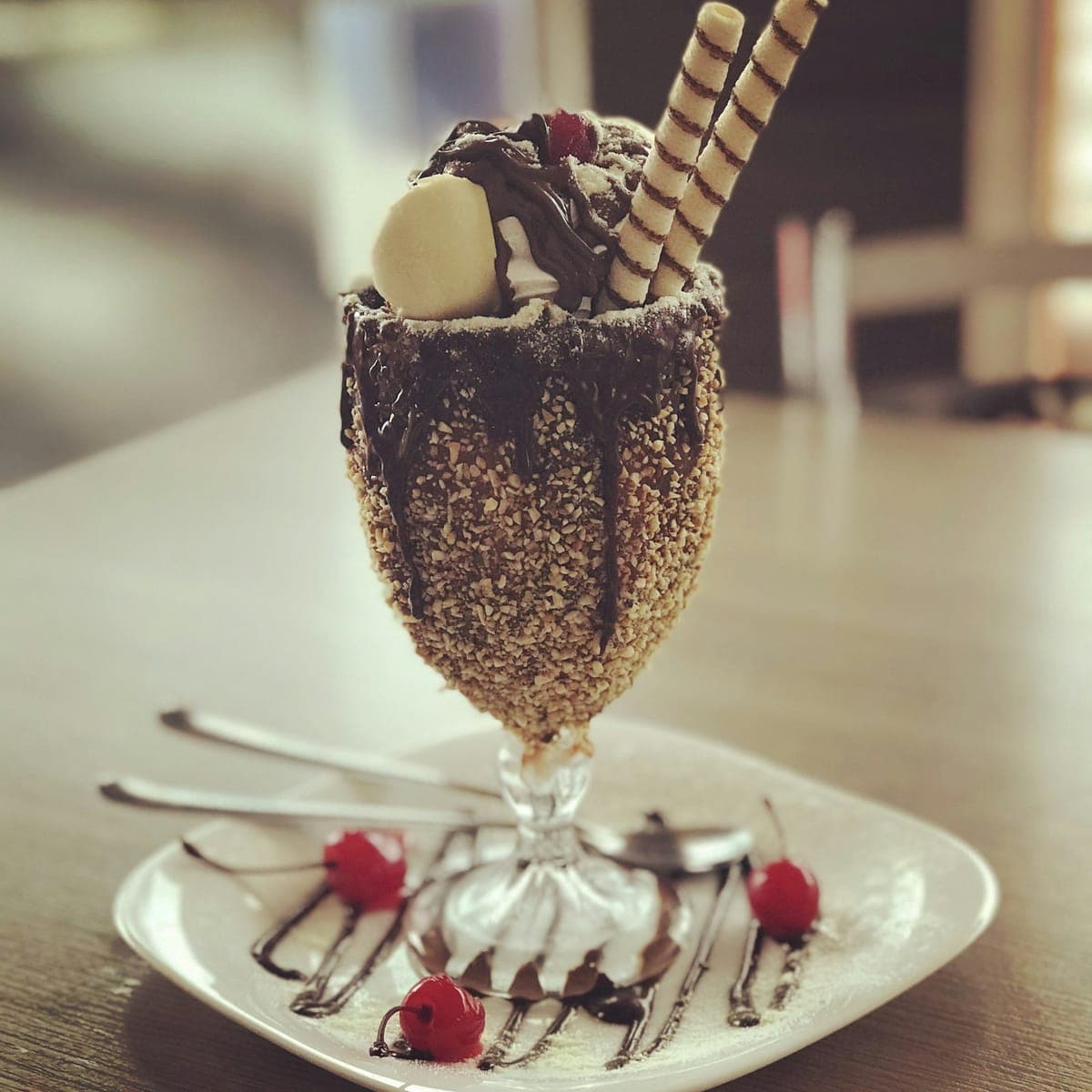 The Skylark sundae: a towering glass of custard, fudge, wafer straws and cherries